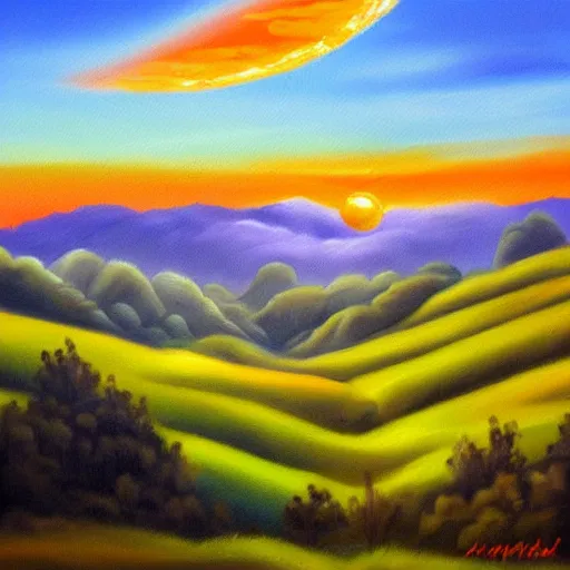 Prompt: very beautiful painting of an orange eclipse sun rising behind hills of vibrant green with blue mist floating across them, colorful, atmospheric lighting, smooth, clean