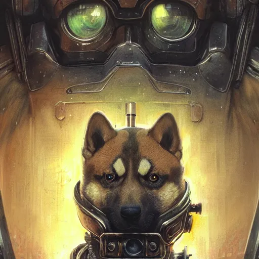 Image similar to wearing warhammer 4 0 0 0 0 emperor armor realistic anthropomorphic shiba inu scifi cyberpunk, visible face closeup portrait art by donato giancola and greg rutkowski, vintage retro scifi, realistic face, digital art, trending on artstation, symmetry