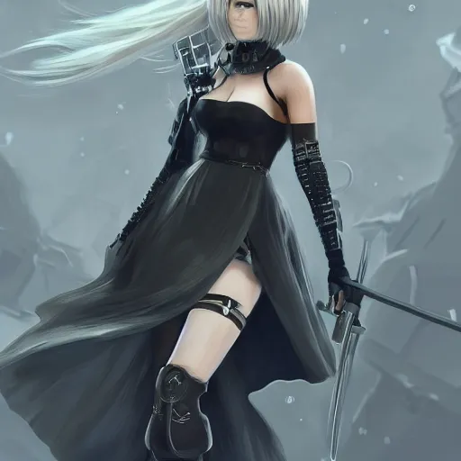 Prompt: Jennifer Aniston as 2B nier automata, cute, intricate, elegant, highly detailed, digital painting, 4k, HDR, concept art, smooth, sharp focus, illustration,