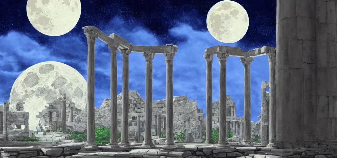 Image similar to The ruins of the Silver Millennium on the moon from Sailor Moon, digital painting, Earth in the distance, Greek-esque columns and ruins