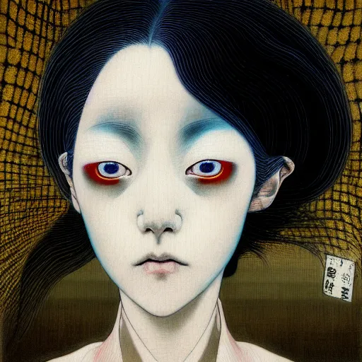 Image similar to yoshitaka amano blurred and dreamy realistic portrait of a woman with white hair and black eyes wearing dress suit with tie with head turned to the side, junji ito abstract patterns in the background, satoshi kon anime, noisy film grain effect, highly detailed, renaissance oil painting, weird portrait angle, blurred lost edges, three quarter angle