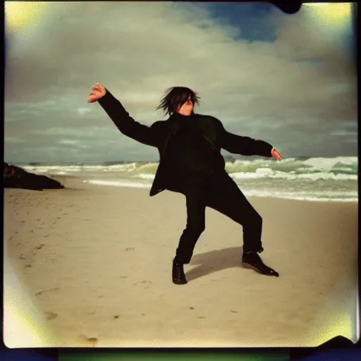 Image similar to 9 0 s polaroid photograph of norman reedus wearing a trenchcoat at night, dancing on a beach during cloudy weather, vignette