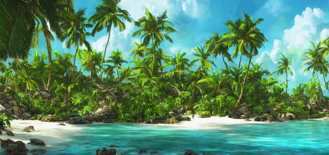 Image similar to beautiful tropical island beach, lush vegetation, white sand beach, tropic plants and flowers, clear water, dramatic lighting, cinematic, establishing shot, extremely high detail, foto realistic, cinematic lighting, post processed, concept art, artstation, thick oil painting, style by greg carter