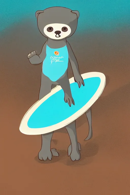 Prompt: a cute male gray turquoise white orange otter fursona wearing a black wetsuit and holding a surfboard on a beach, fantasy, paws on the sand, 8 k resolution, hyper detailed, character design, illustration, trending on artstation