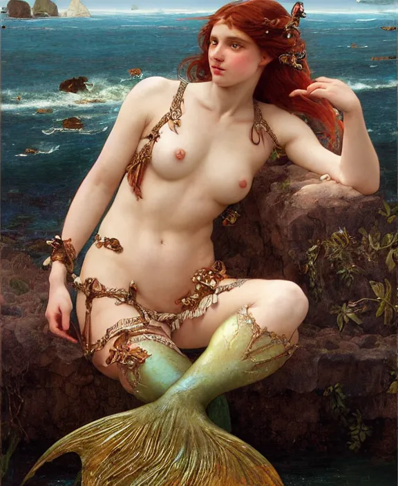 Image similar to a detailed hyperrealistic renaissance mermaid wearing an a intricate beautiful thick leather garters set, honey birdette, realistic renaissance portrait, highly detailed, digital painting, artstation, concept art, smooth, sharp focus, cinematic lighting, art by artgerm and wlop and alphonse mucha and john william godward, john william waterhouse