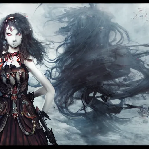 Image similar to goth woman playing videogames, tankoban, 4 k, tone mapping, akihiko yoshida, james jean andrei riabovitchev marc simonetti, yoshitaka amano, long hair, curly, h. hydrochaeri