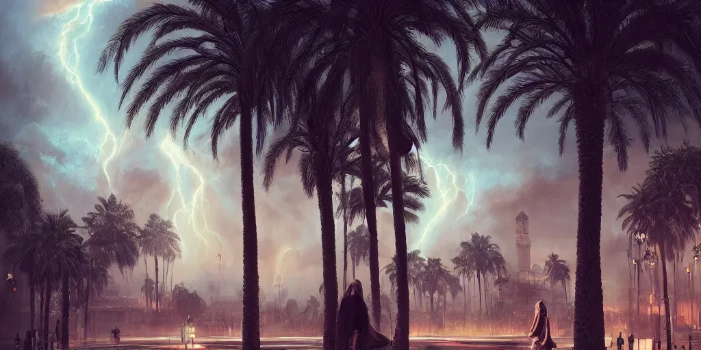 Image similar to thunderstorm in marrakech, palm trees, moroccan mosque, wlop, james jean, tom bagshaw, rococo, trending on artstation, fantasy, intricate, elegant, highly detailed, digital painting, concept art, smooth, illustration, cinematic lighting, hyper realism, octane render, 8 k, hyper detailed.