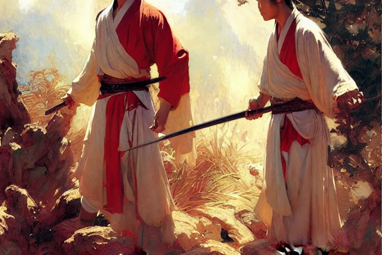 Image similar to wuxia, summer, attractive male, painting by gaston bussiere, craig mullins, j. c. leyendecker