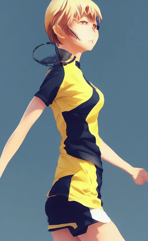 Image similar to character design, manga style, realistic lighting, realistic anatomy, solid colors, made by ilya kuvshinov, safebooru, from arknights, female beach volley player, elegant, futuristic yellow lens, sport clothing, simple background