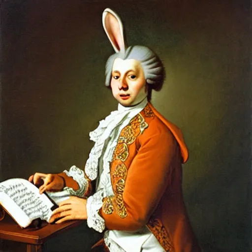 Image similar to a rabbit dressed as mozart, realistic oil painting 1 7 0 0 s