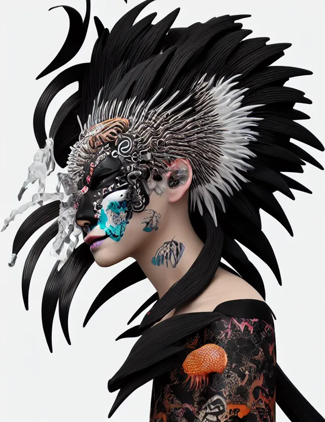 Image similar to 3 d goddess close - up profile simple portrait punk with mohawk with tiger skull. beautiful intricately detailed japanese crow kitsune mask and clasical japanese kimono. betta fish, jellyfish phoenix, bio luminescent, plasma, ice, water, wind, creature, artwork by tooth wu and wlop and beeple and greg rutkowski