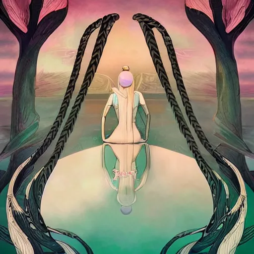 Prompt: a woman with braids looking down, swans surrounding her, pastel colors, beautiful concept art, wlop art style