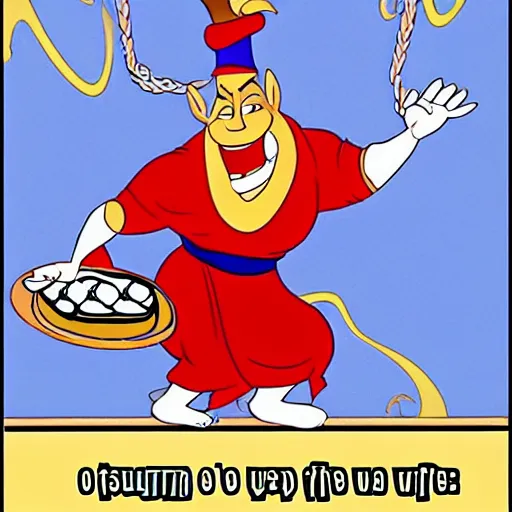 Image similar to the genie from aladdin hates waffles, he hates waffles so much, he wants to destroy any waffle he sees. the genie from aladdin sees some waffles right now