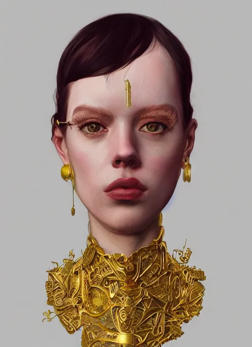 Prompt: gold portrait :: by Martine Johanna and Simon Stålenhag and Chie Yoshii and wlop and Guillermo del toro :: ornate, dynamic, particulate, rich colors, elegant, centered, artstation, smooth, sharp focus, octane render, 3d