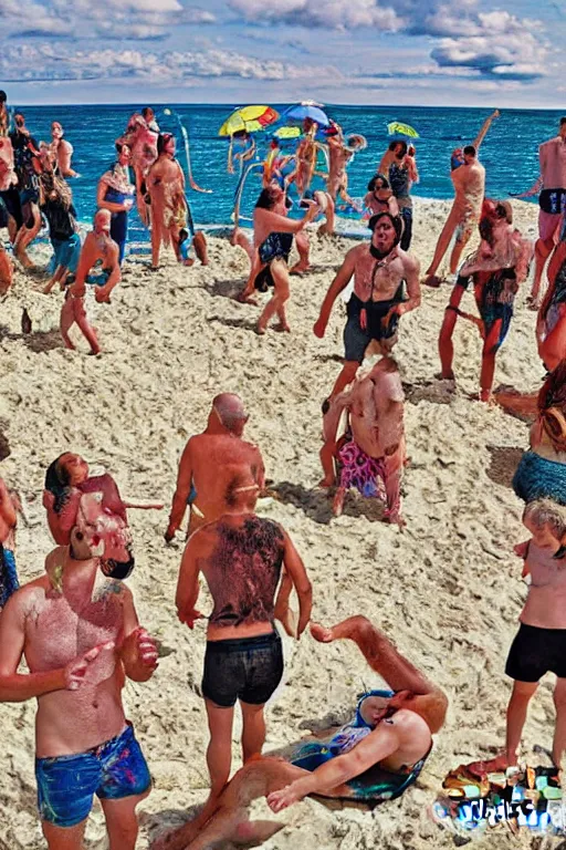 Prompt: death metal beach party, colour photograph, sunny day, highly detailed