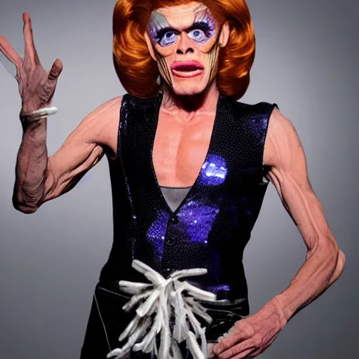 Image similar to willem dafoe doing drag as a contestant in the reality tv show, rupaul's drag race