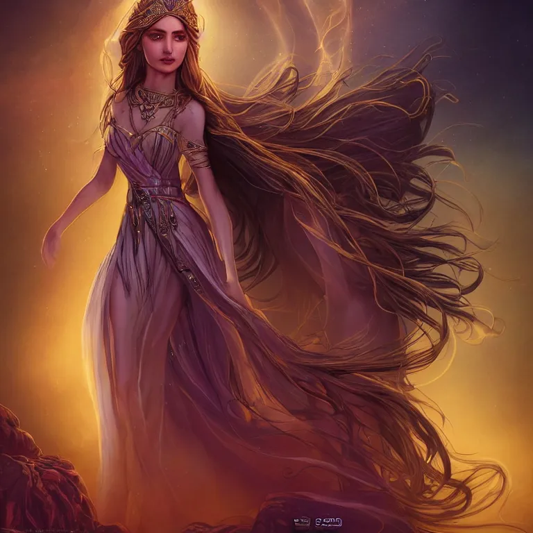 Image similar to beautiful cinematic fantasy poster, a beautiful middle-eastern princess wearing a beautiful dress with flowing illuminated hair, beautiful glowing galaxy eyes, wideshot ultrawide angle epic scale, hybrid from The Elden Ring and art direction by Darius Zawadzki ;by artgerm; wayne reynolds art station; cinematic quality character render; low angle; ultra high quality model; production quality cinema model;