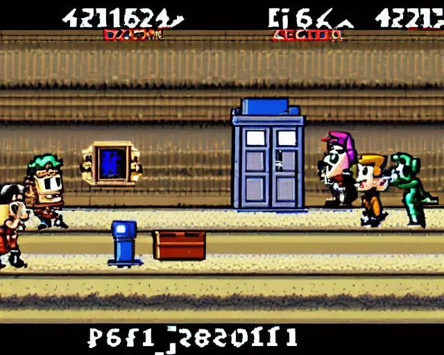 Prompt: screenshot from the snes platformer doctor who by rareware, sidescroller, high quality, nintendo 1 6 - bit video game from 1 9 9 4