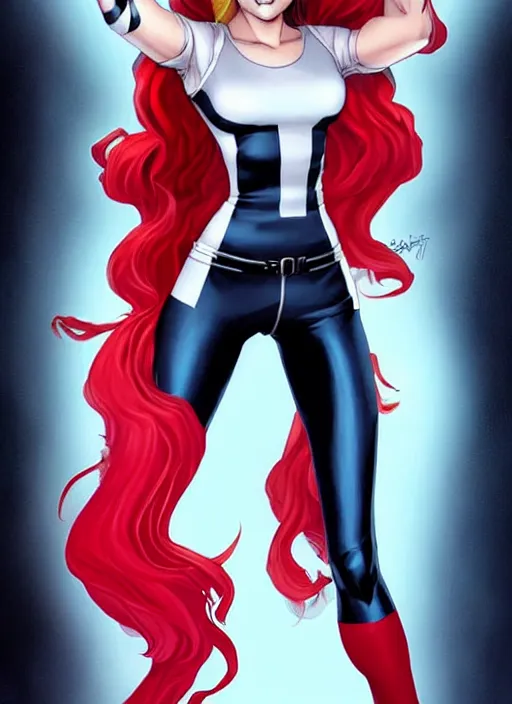Image similar to Rogue x-men marvel, Lilo Reinhart, smile, long red hair, white streak in hair, realistic character concept, full body shot, cute fun pose, comic book, illustration, symmetrical face and body, cinematic lighting, hyperdetailed, 8k, high resolution, Charlie Bowater, Tom Bagshaw, single face, insanely detailed and intricate, beautiful