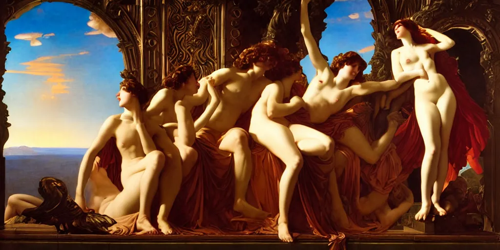 Image similar to greek mythology, an art deco painting by Frederic Leighton and Daniel Maclise and Rolf Armstrong and Evelyn De Morgan and Bastien Lecouffe-Deharme, dutch golden age, dramatic lighting, high contrast colors, baroque, empyrean, panoramic view, cgsociety, highly detailed, doom engine,