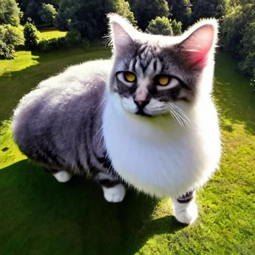 Prompt: giant! cat larger than trees with fur overwhelmingly ( very very fluffy! ) giant! puffy fur in a park drone picture