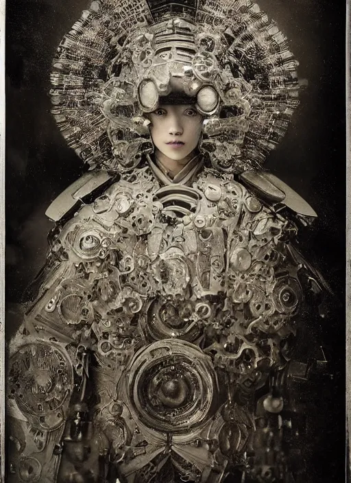 Prompt: old wetplate daguerreotype frame portrait of a futuristic silver armored dictator geisha district 9 cyborg, fractal, intricate, elegant, highly detailed, subsurface scattering, by jheronimus bosch and greg rutkowski and louis jacques mande daguerre