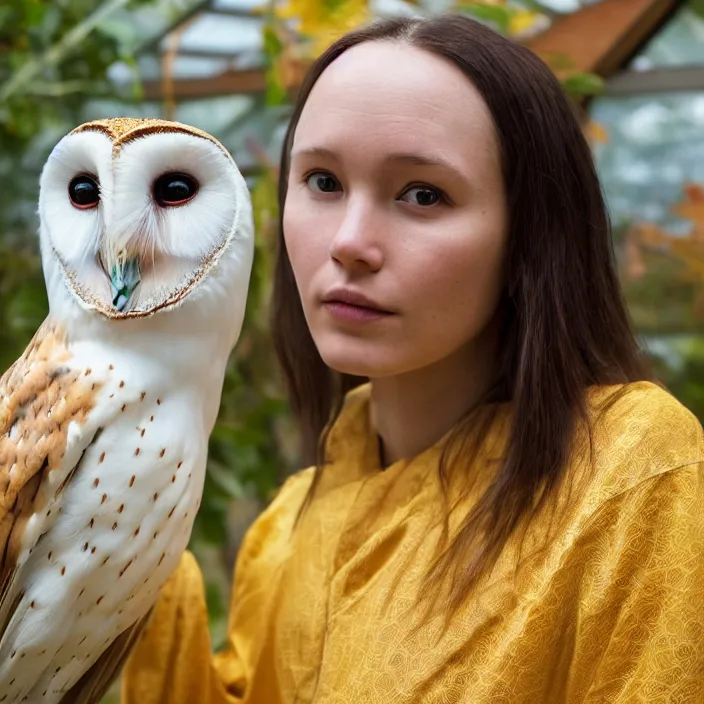 Image similar to portrait photograph of an extremely beautiful!!!! young female , symmetric face!, symmetric round detailed eyes!!, slight smile, natural light, wearing a yellow kimono!! with a very detailed barn owl! on her shoulder in a tropical greenhouse. looking at the camera!!. golden crown made of golden leaves. super resolution. Extremely detailed. Graflex camera!, bokeh!!!!! trending on artstation.