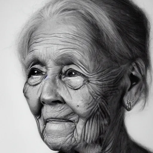 Prompt: A photo of a portrait of a 95 year old lady, trending on Art Station, high detailed, black and white, photorealistic