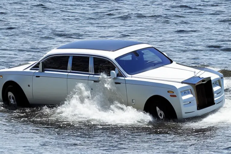 Image similar to Teenagers push Rolls-Royce into lake with their hands from a small slide wanting to drown him