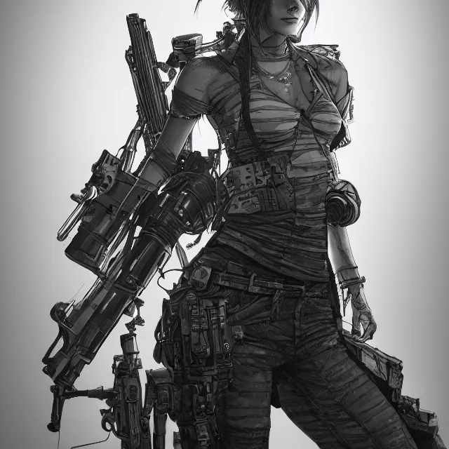 Image similar to the portrait of lawful neutral female cyberpunk infantry sniper as absurdly beautiful, gorgeous, elegant, young woman looking up, an ultrafine hyperdetailed illustration by kim jung gi, irakli nadar, intricate linework, bright colors, octopath traveler, final fantasy, unreal engine 5 highly rendered, global illumination, radiant light, detailed and intricate environment