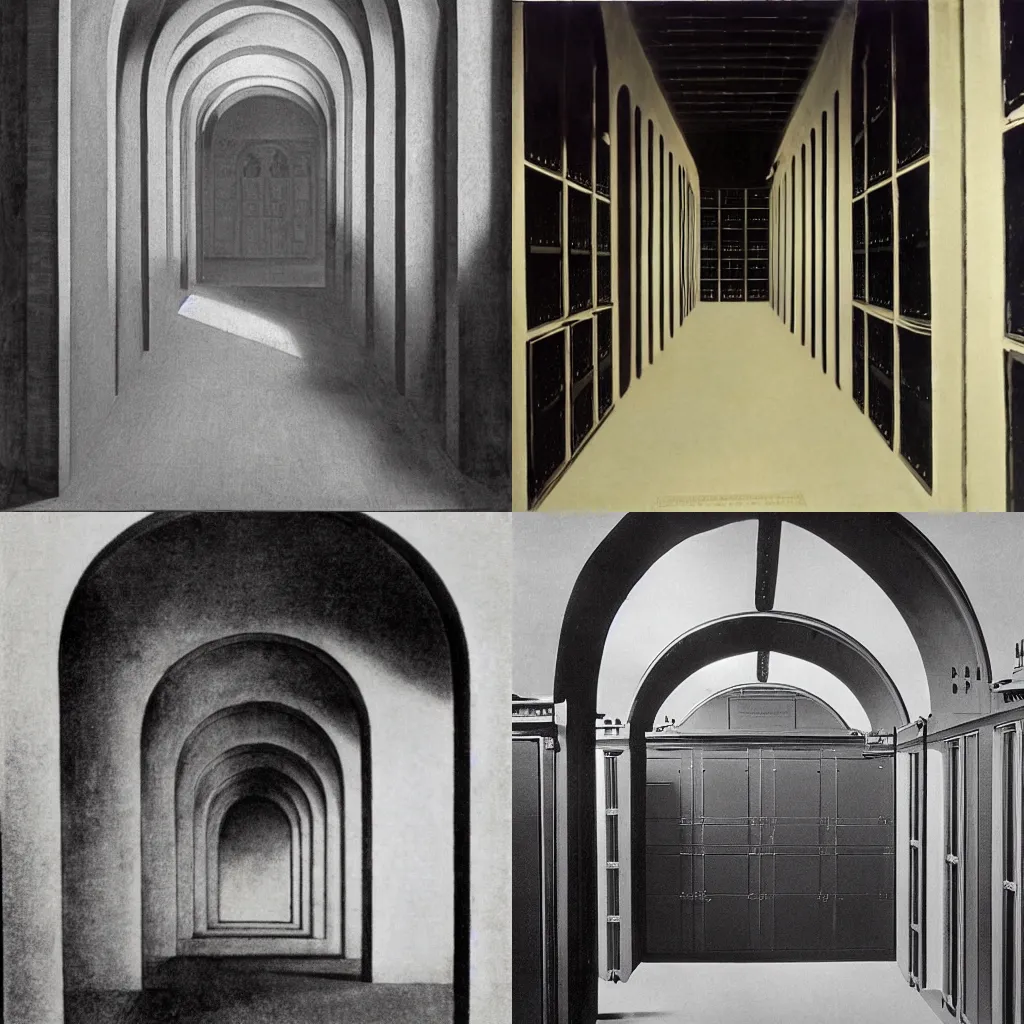 Prompt: the lost datacenter of the future, by Vilhelm Hammershøi. Vaulted archways of Khazad-dûm, with server racks from floor to ceiling