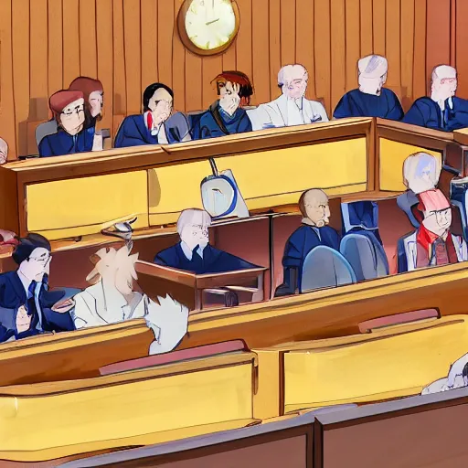 Image similar to sentient hot dog in courtroom trial, anime style, 4k, detailed, jury of condiments, suits and hats, volumetric lighting