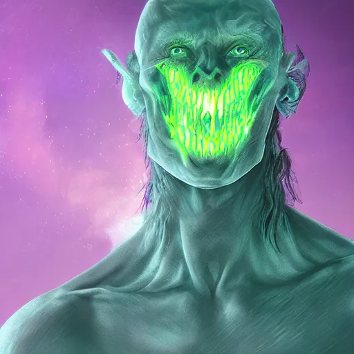 Prompt: human mutating into a monster, digital art, glowing