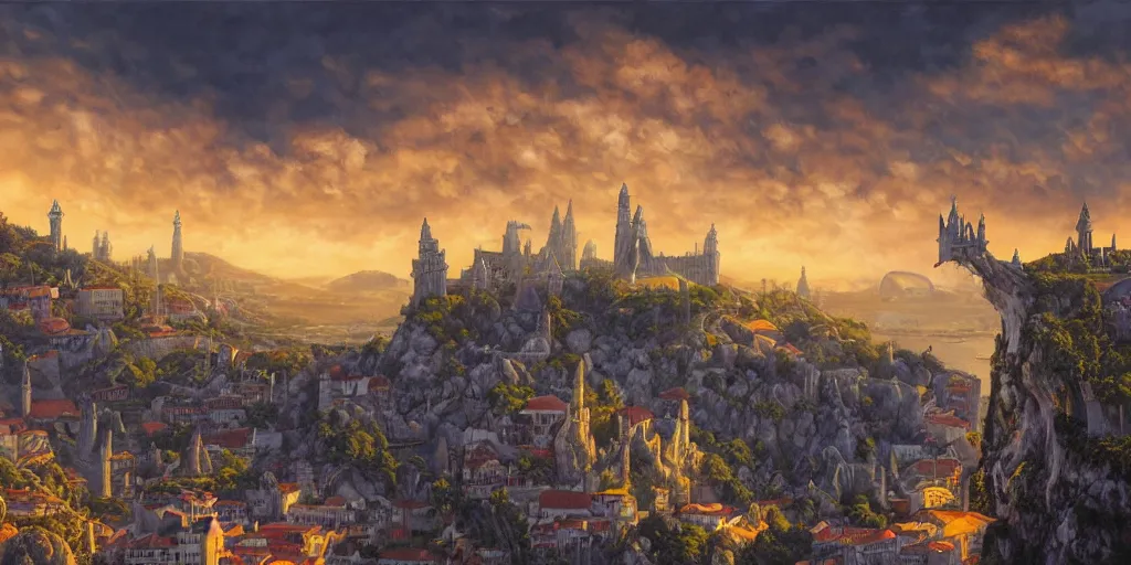 Image similar to fantasy oil painting, megalithic city of lisbon, fantasy, buildings, looming, colossal, gate, small buildings, warm lighting, street view, daytime, silhouetted figure standing overlooking the port city, epic, distant mountains, bright clouds, luminous sky, cinematic lighting, michael cheval, michael whelan, artstation, oil painting, vray, 8 k hd