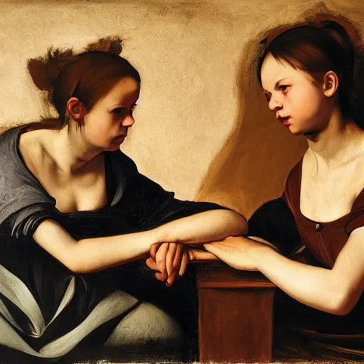 Image similar to two girls holding hands while they are watching the world burn, done in the style of caravaggio, basquiat, akseli gallen kallela, highly detailed, 4 k