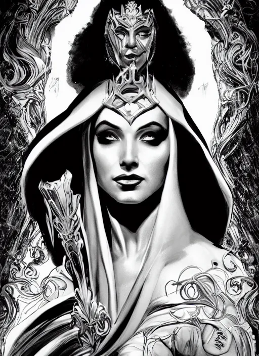 Prompt: portrait, queen of eternal beauty and Power, black and white comic panel, cover Art, Dynamic lighting, cinematic, establishing shot, extremely high detail, photo realistic, cinematic lighting, pen and ink, intricate line drawings, post processed, concept art, artstation, matte painting, midjourney, style by alex ross, neal adam