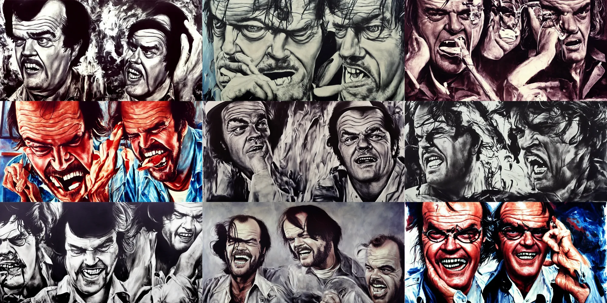 Prompt: jack nicholson in one flew over the cookoos nest, painting by james jean, seventies cinestill, atmospheric, clinical, depressed, manic, bipolar