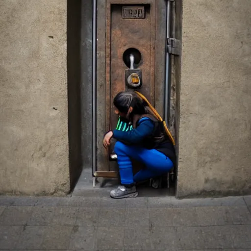 Prompt: incan woman crouching in front of a futuristic door picking a lock