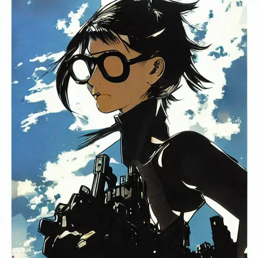 Prompt: graphic novel cover art of a girl using glasses looking to the sky, artwork by yoji shinkawa, poster cover art