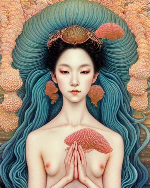 Prompt: portrait of a beautiful sea goddess, sweet, graceful, esoteric, muted colors, head in focus, fantasy art, sea corals aesthetics, intricate, elegant, highly detailed, hyperrealistic painting, artstation, concept art, painterly, sharp focus, illustration, art by chie yoshii