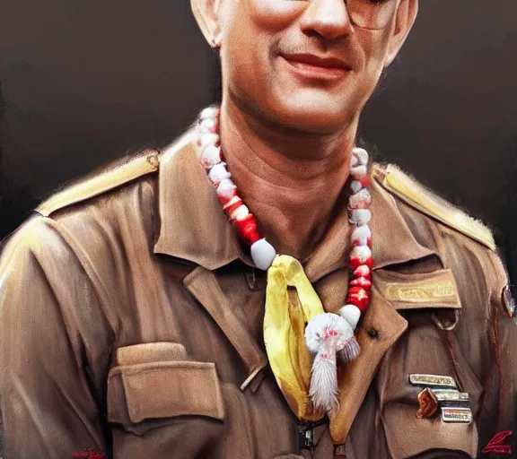 Image similar to Tom hanks as forrest gump wearing a necklace of shrimps around the neck, realistic face, digital art, in the style of Aleksi Briclot, amazing detail, artstation