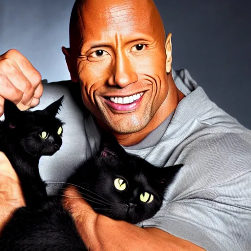 Image similar to dwayne johnson holding a black cat, studio lighting, promotional photograph