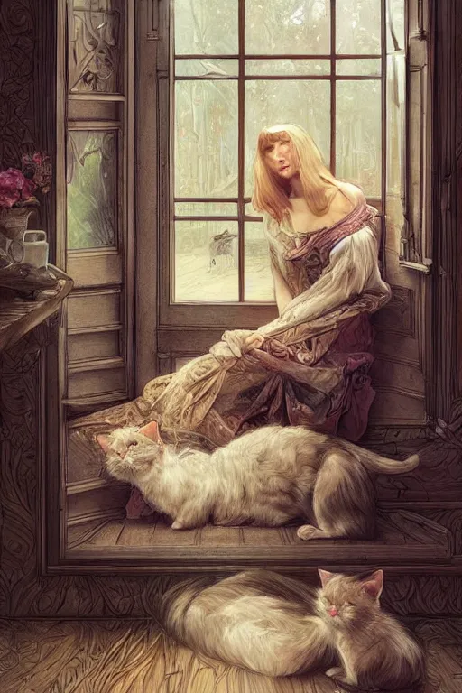 Prompt: cottagecore appartment with 100 cats playing inside, beautiful Hair, studio gibly, intricate, elegant, highly detailed, digital painting, artstation, concept art, smooth, sharp, focus, illustration, art by artgerm and greg rutkowski and alphonse mucha