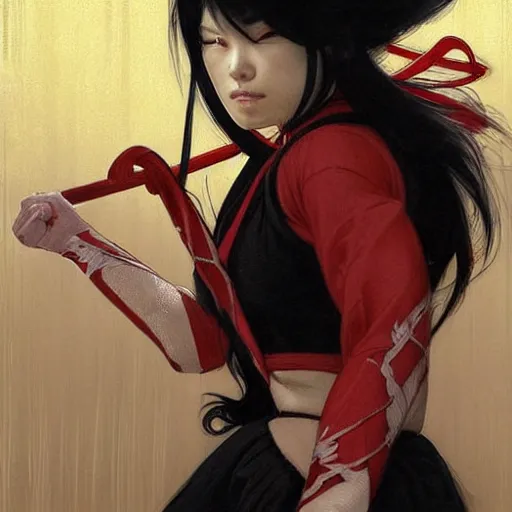 Prompt: muscular female fighting shrine maiden miko with long flowing black hair wearing a red hakama over a black leotard, intricate, highly detailed, digital painting, artstation, concept art, smooth, sharp focus, illustration, art by artgerm and greg rutkowski, alphonse mucha, frank frazetta