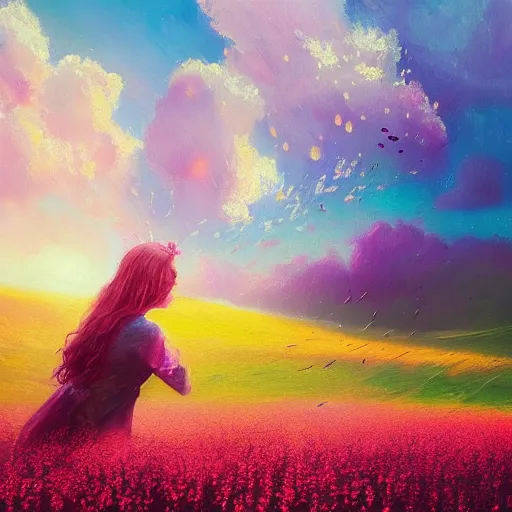 Image similar to girl with an exploding blooming flower for a head, surreal photography, dream, standing in flower field, magical, in a valley, sunrise dramatic light, impressionist painting, colorful clouds, artstation, simon stalenhag, blooming flower face
