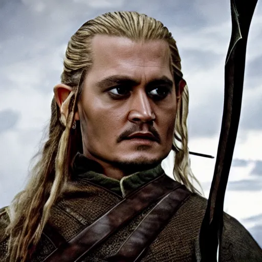 Prompt: stunning awe inspiring johnny depp as legolas in the lord of the rings, movie still 8 k hdr atmospheric lighting