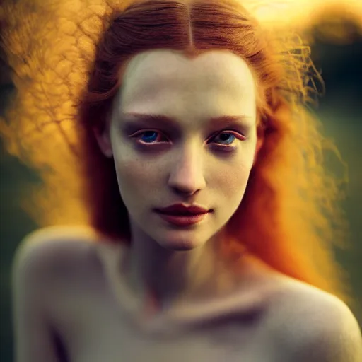 Image similar to photographic portrait of a stunningly beautiful english renaissance female with abtract hair, in soft dreamy light at sunset, beside the river, soft focus, contemporary fashion shoot, in a tim burton movie, by edward robert hughes, annie leibovitz and steve mccurry, david lazar, jimmy nelsson, extremely detailed, breathtaking, hyperrealistic, perfect face, octane render