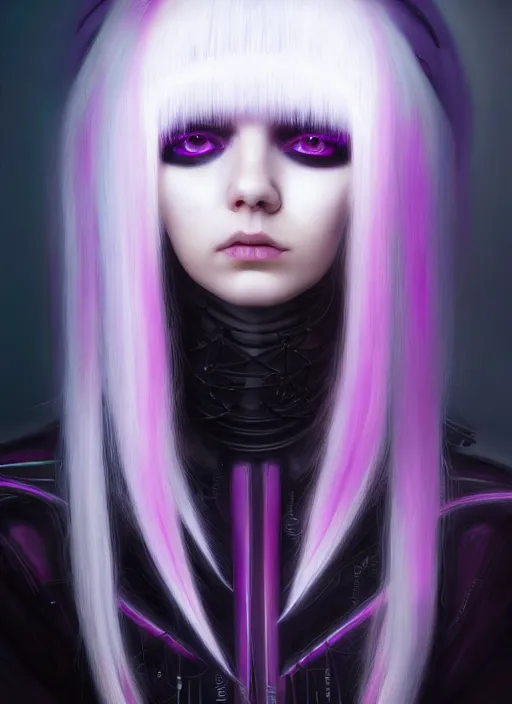 Image similar to hair whitebangs hair, black cyberlox, portrait of normal teenage girl with white bangs, messy bangs, cyberlox, whitebangs, red irises, purple clothes, intricate, elegant, glowing lights, highly detailed, digital painting, artstation, concept art, sharp focus, smooth, illustration, art by wlop, mars ravelo and greg rutkowski