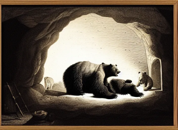 Image similar to Pieter Claesz's 'a bear and her cub sleeping in a dark cave, lit by hole in roof', night time, cross hatching, backlit, beautiful wooden frame, monochrome, colours of the sunset