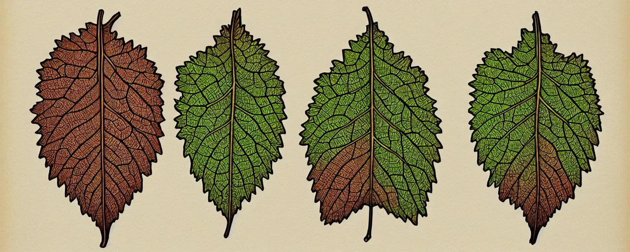 Prompt: leaf schematic, hybrid between oak leaf and wine leaf, ultra detailed, 4 k, intricate, encyclopedia illustration, fine color inking lines